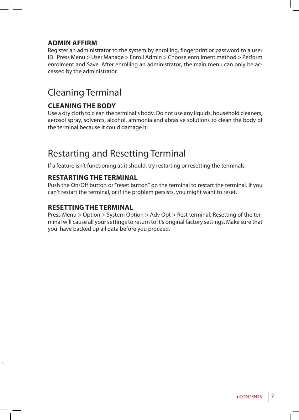Cleaning terminal, Restarting and resetting terminal | FingerTec TimeLine 100 Manual User Manual | Page 7 / 24