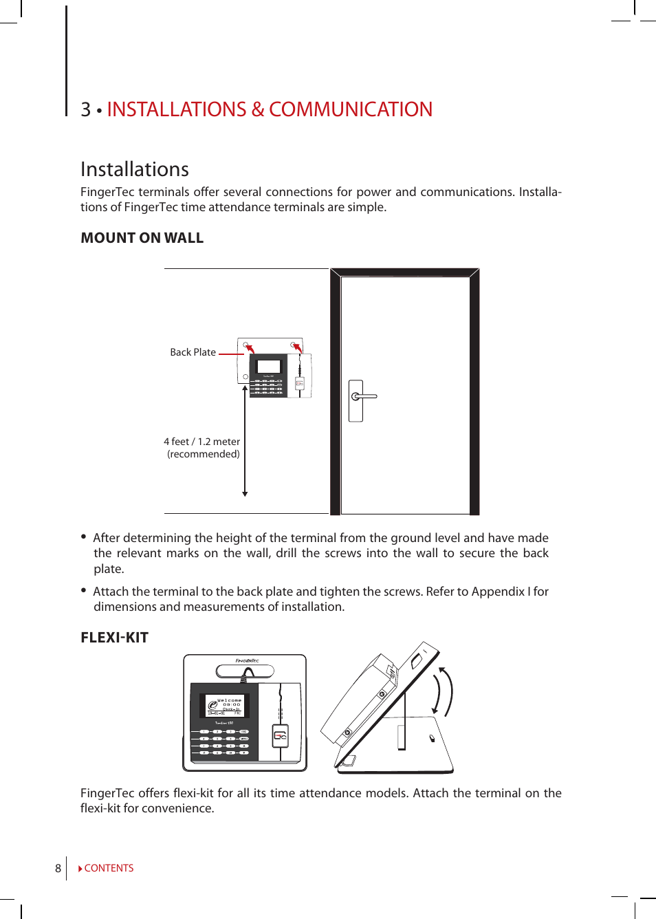 Chapter 3 • installation, Communications, Installation communications | 3 • installations & communication installations | FingerTec TimeLine 100 Manual User Manual | Page 8 / 24