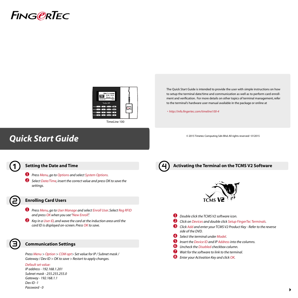 FingerTec TimeLine 100 Quick Start User Manual | 2 pages