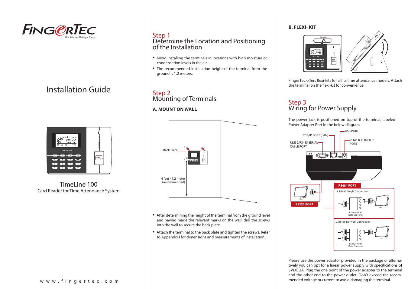 FingerTec TimeLine 100 Installation Guide User Manual | 3 pages