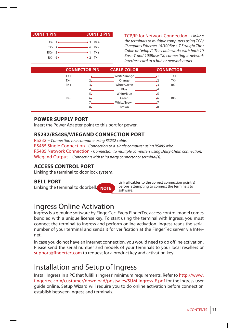 Ingress online activation, Installation and setup of ingress, Power supply port | Access control port, Bell port | FingerTec Kadex Manual User Manual | Page 11 / 31