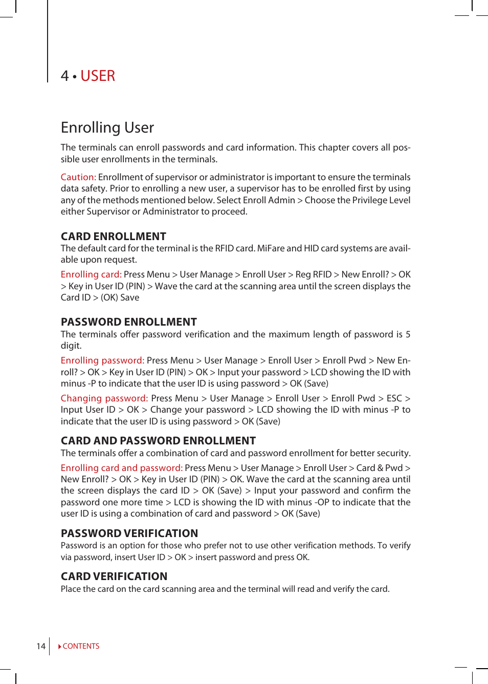 Chapter 4 • user, Enrolling, User | Types of verification method, Adding user information, Deleting, Access, Level/privilege, 4 • user enrolling user | FingerTec Kadex Manual User Manual | Page 14 / 31