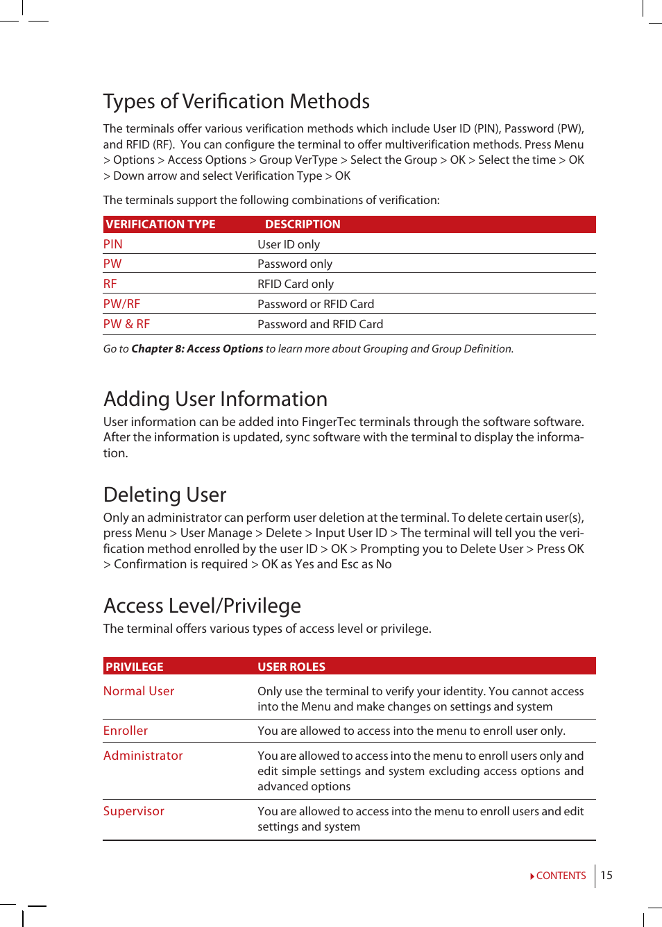 Chapter 5 • system, General, Settings | Update, Firmware, System, Information, Log information (log opt), Types of verifi cation methods, Adding user information | FingerTec Kadex Manual User Manual | Page 15 / 31