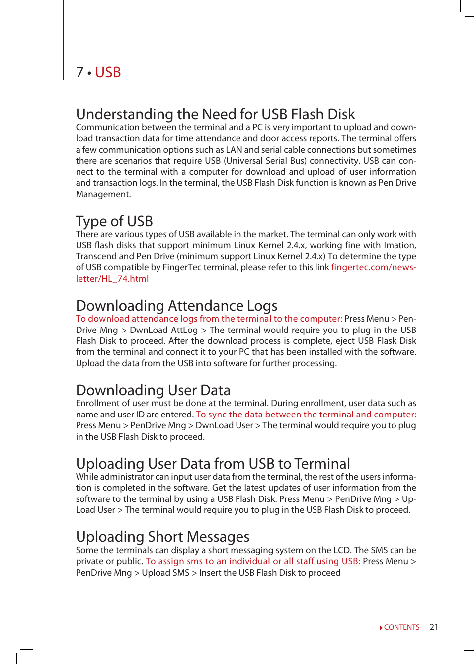 Chapter 7 • usb, Understanding the need for usb flash disk, Type of usb | Downloading attendance logs, Downloading user data, Uploading user data from usb to terminal, Uploading short messages, 7 • usb understanding the need for usb flash disk | FingerTec Kadex Manual User Manual | Page 21 / 31