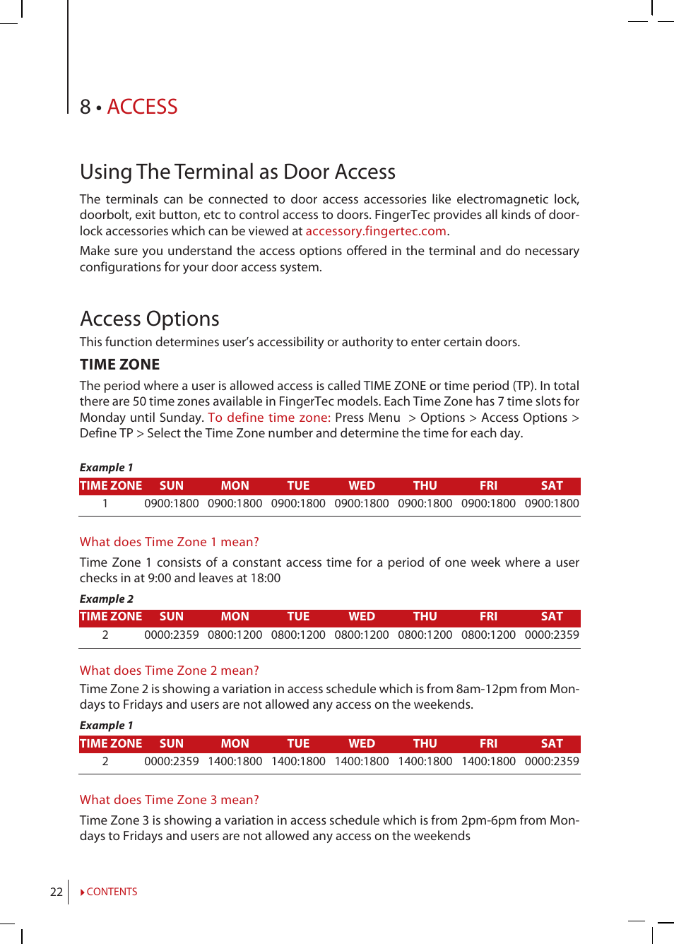 Chapter 8 • access, Using the terminal as door access, Access | Options, User account options, Combination, Lock, Door sensor delay, Door sensor mode, Door sensor alarm | FingerTec Kadex Manual User Manual | Page 22 / 31