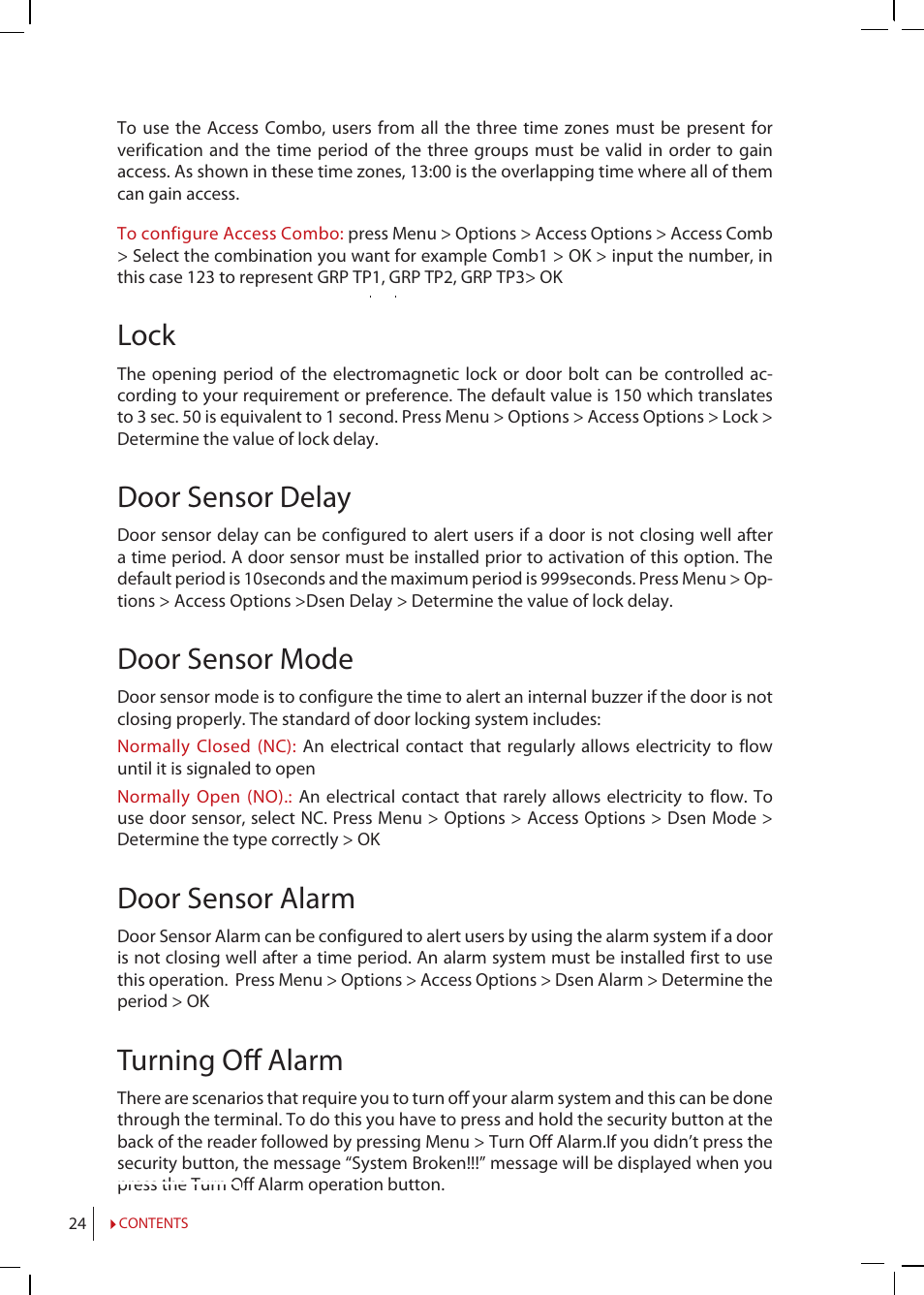 Lock, Door sensor delay, Door sensor mode | Door sensor alarm, Turning off alarm | FingerTec Kadex Manual User Manual | Page 24 / 31