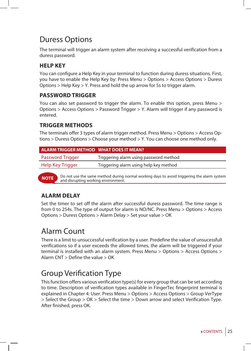 Duress options, Alarm count, Group verifi cation type | FingerTec Kadex Manual User Manual | Page 25 / 31