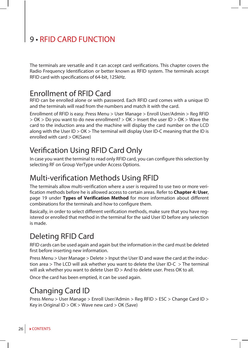 Chapter 9 • rfid card function, Enrollment of rfid card, Verification using rfid card only | Multi verification methods using rfid, Deleting rfid card, Changing card id, 9 • rfid card function, Verifi cation using rfid card only, Multi-verifi cation methods using rfid | FingerTec Kadex Manual User Manual | Page 26 / 31