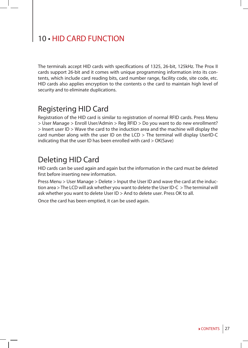 Chapter 10 • hid card function, Registering hid card, Deleting hid card | 10 • hid card function | FingerTec Kadex Manual User Manual | Page 27 / 31