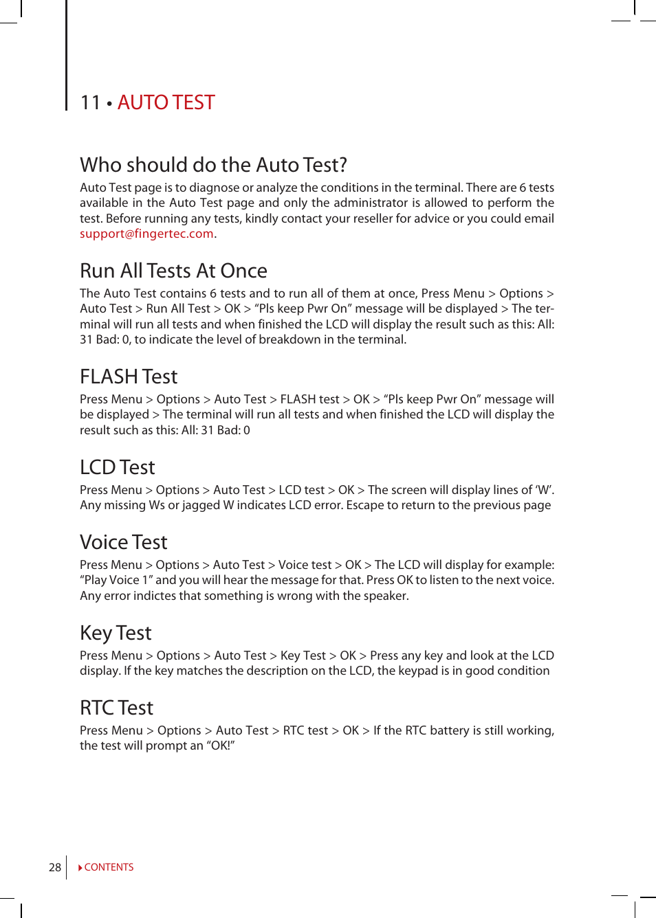 Chapter 11 • auto test, Who should do the auto test, Run all tests at once | Flash, Test, Voice, 11 • auto test who should do the auto test, Flash test, Lcd test, Voice test | FingerTec Kadex Manual User Manual | Page 28 / 31