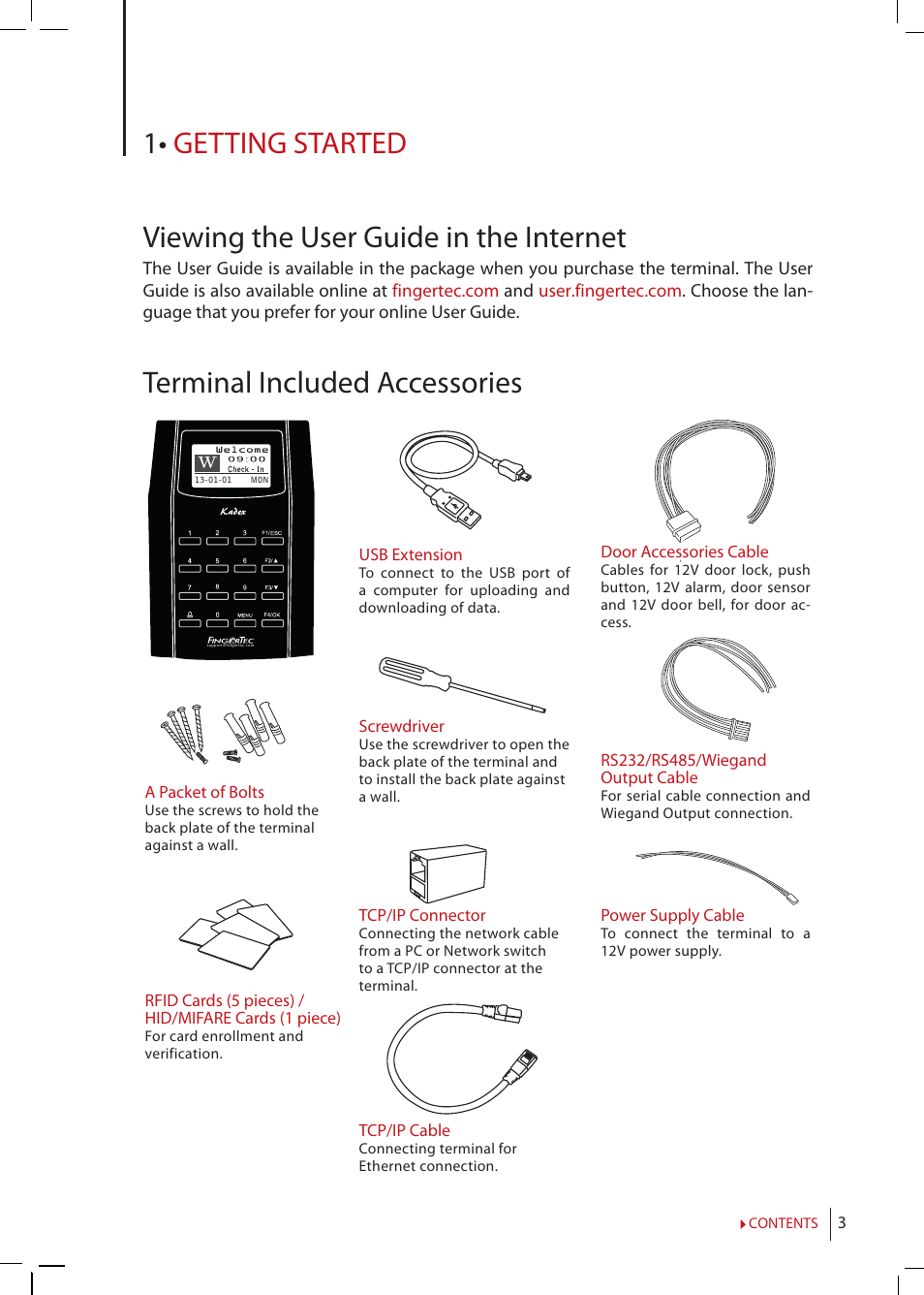 Chapter 1, Getting, Started | Viewing the user guide in the internet, Terminal included accessories, Included printed materials, Activating, Terminal, Registering | FingerTec Kadex Manual User Manual | Page 3 / 31