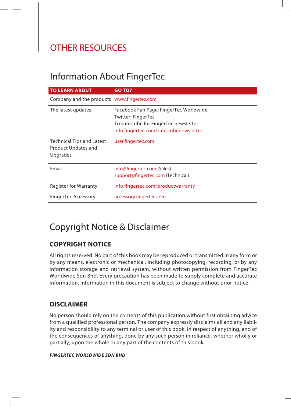 Other resources, Information about fingertec, Copyright notice & disclaimer | Copyright notice, Disclaimer | FingerTec Kadex Manual User Manual | Page 30 / 31