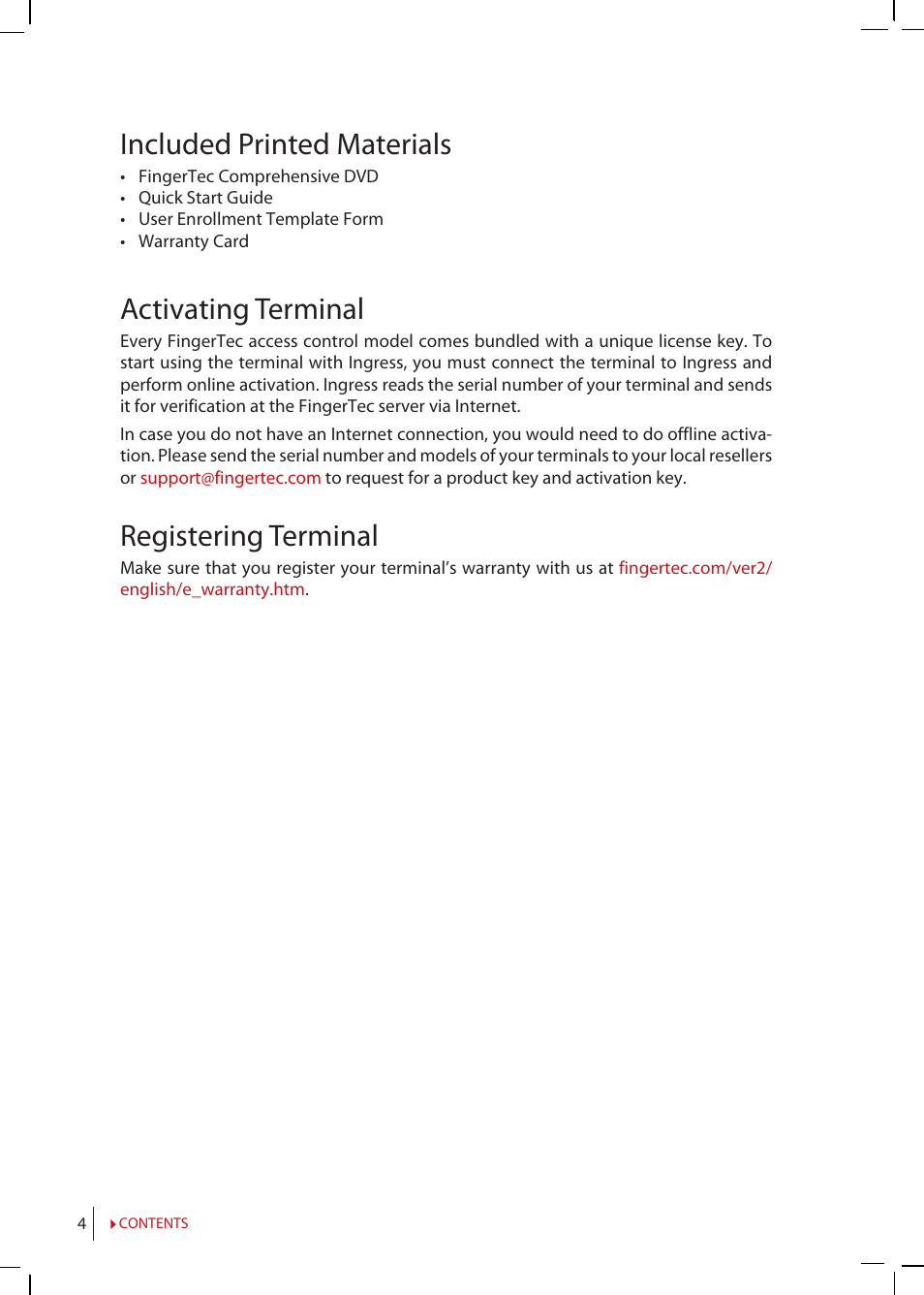 Included printed materials, Activating terminal, Registering terminal | FingerTec Kadex Manual User Manual | Page 4 / 31