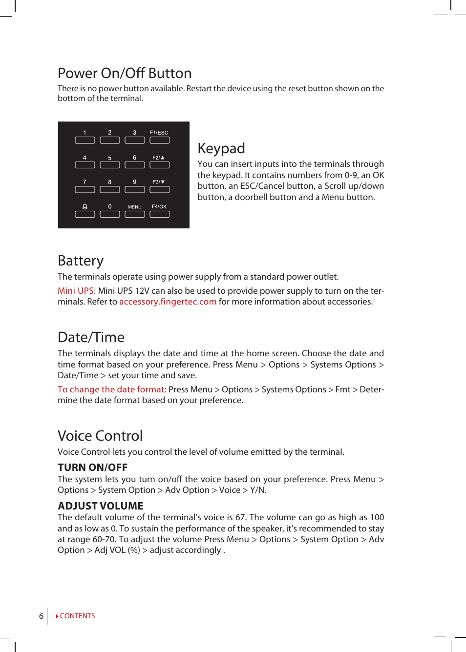 Power on/off button, Keypad, Battery | Date/time, Voice control | FingerTec Kadex Manual User Manual | Page 6 / 31