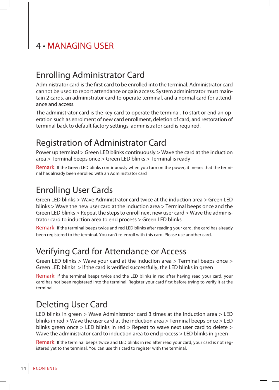 Chapter 4 • managing user, Enrolling administrator card, Registration of administrator card | Enrolling user cards, Verifying card for attendance or access, Deleting user card, Deleting attendance logs in m-kadex, 4 • managing user enrolling administrator card | FingerTec m-Kadex Manual User Manual | Page 14 / 17