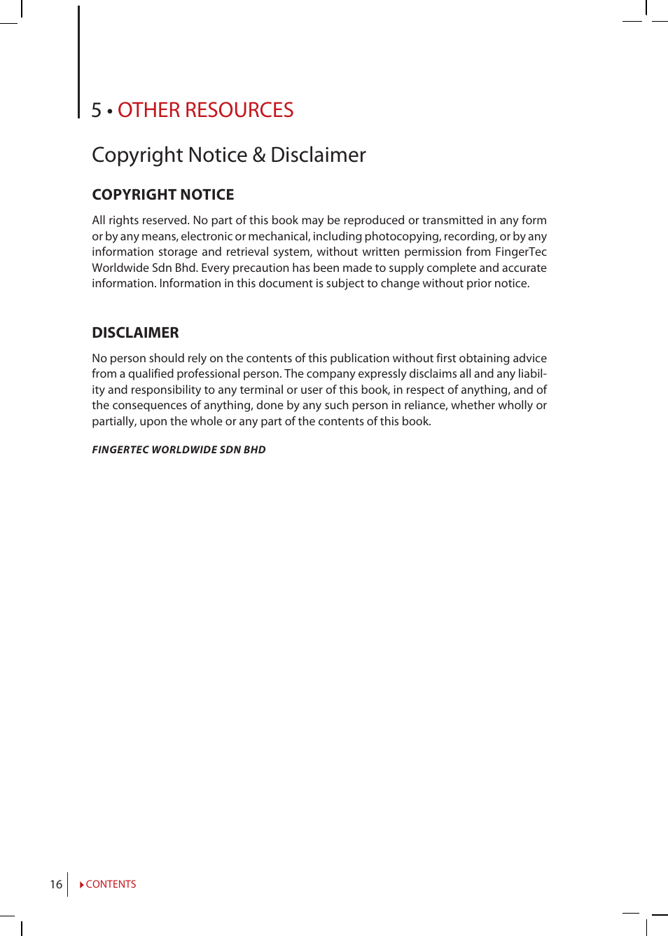 Chapter 5 • other resources, 5 • other resources, Copyright notice & disclaimer | FingerTec m-Kadex Manual User Manual | Page 16 / 17
