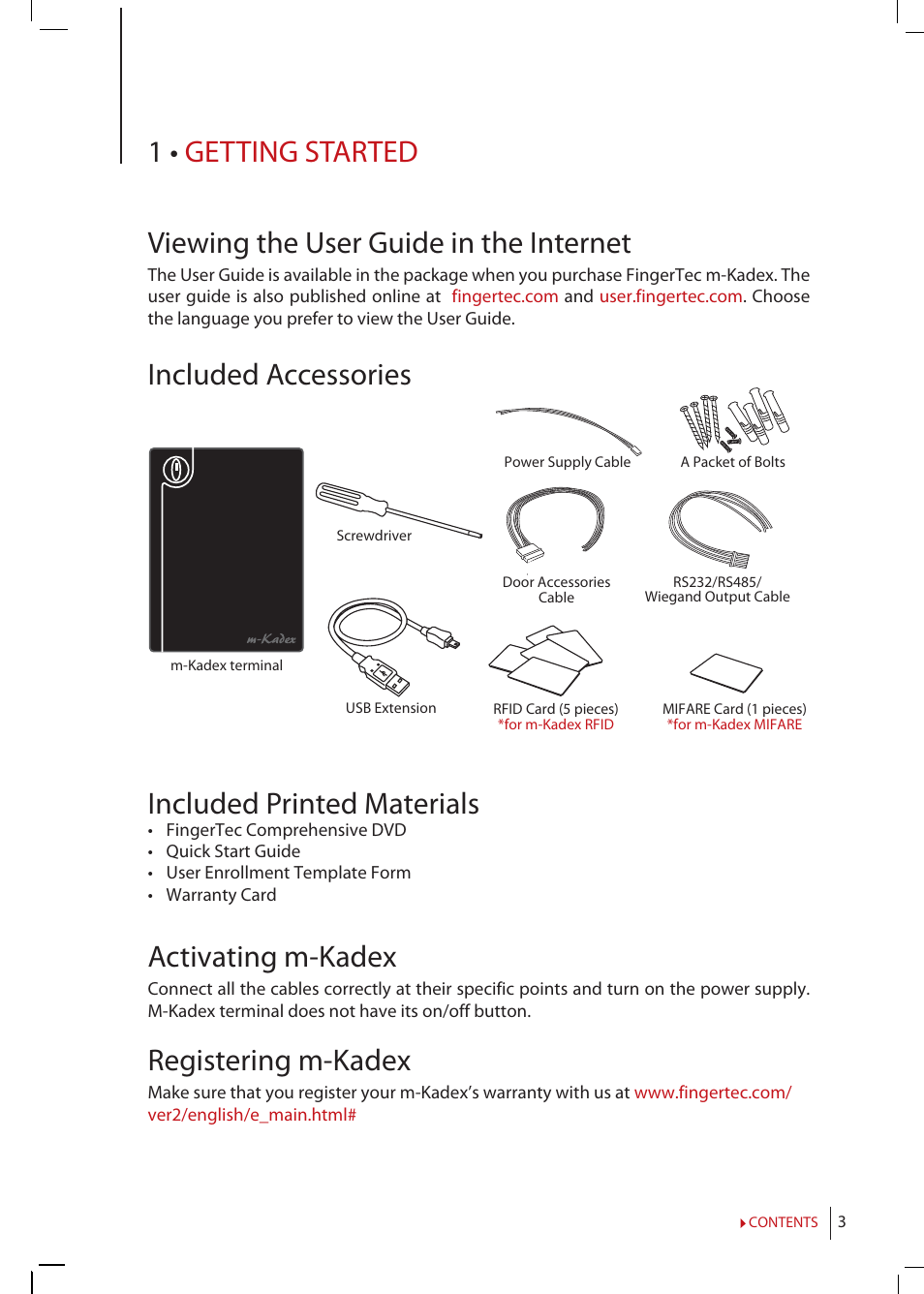 Chapter 1 • getting started, Viewing the user guide in the internet, Included | Accessories, Included printed materials, Activating, M-kadex, Registering, Included accessories included printed materials, Activating m-kadex | FingerTec m-Kadex Manual User Manual | Page 3 / 17