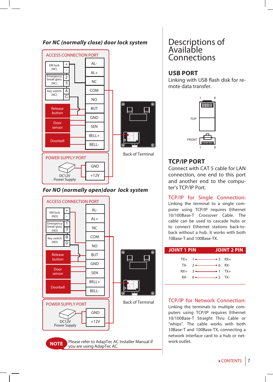 Descriptions of available connections, Usb port, Tcp/ip port | Tcp/ip for network connection | FingerTec m-Kadex Manual User Manual | Page 7 / 17