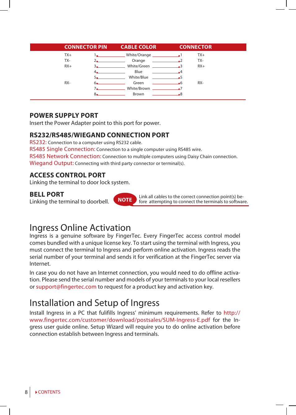 Ingress online activation, Installation and setup of ingress, Power supply port | Access control port, Bell port | FingerTec m-Kadex Manual User Manual | Page 8 / 17