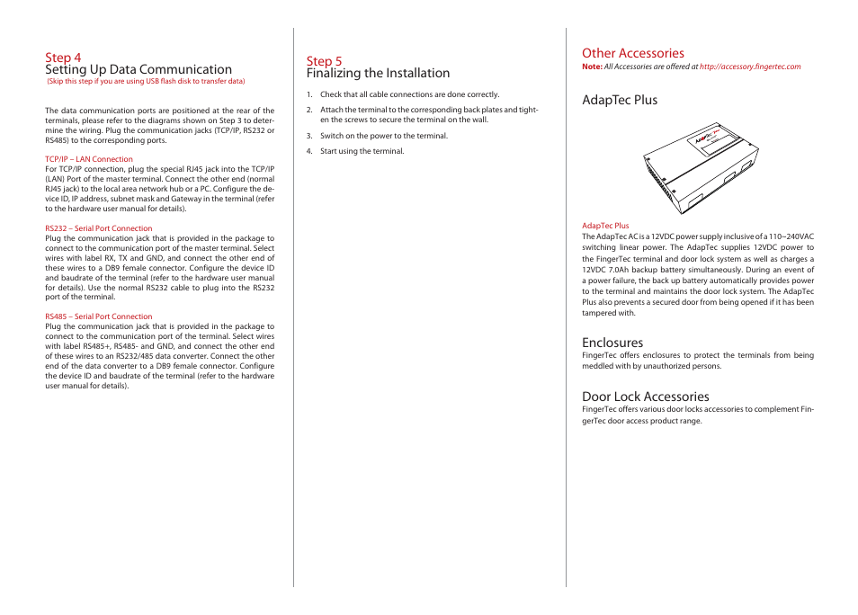 Step 4 setting up data communication, Other accessories, Adaptec plus | Enclosures, Door lock accessories, Step 5 finalizing the installation | FingerTec m-Kadex Installation Guide User Manual | Page 2 / 3