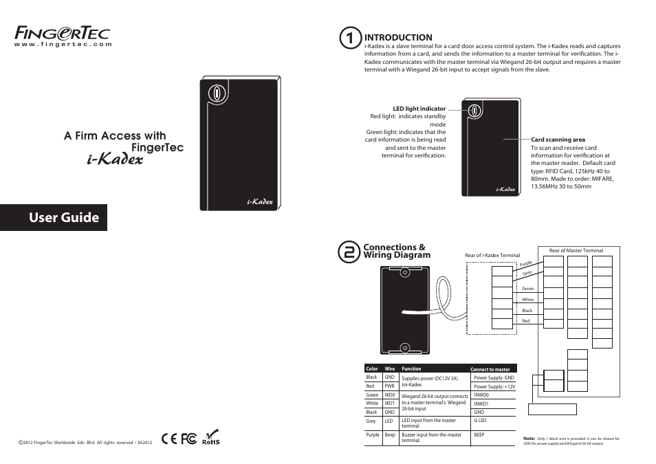 I-kadex, User guide, A firm access with fingertec | Introduction, Connections & wiring diagram | FingerTec i-Kadex Manual User Manual | Page 2 / 2