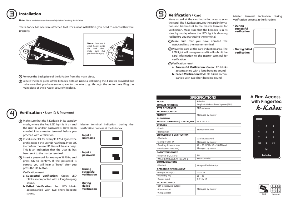 K-kadex, Installation, Verification | A firm access with fingertec | FingerTec k-Kadex User Manual | Page 2 / 2