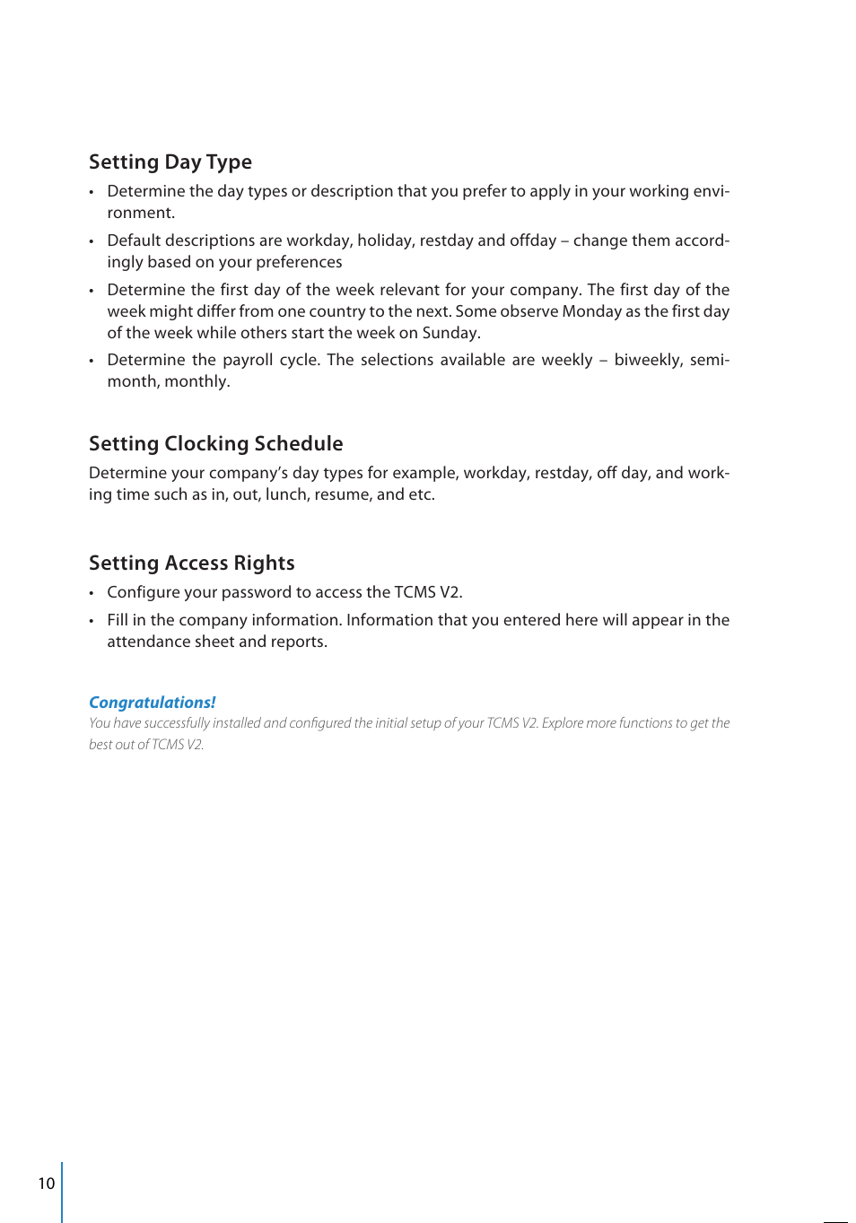 Setting day type, Setting clocking schedule, Setting access rights | FingerTec TCMS V2 User Manual | Page 10 / 97