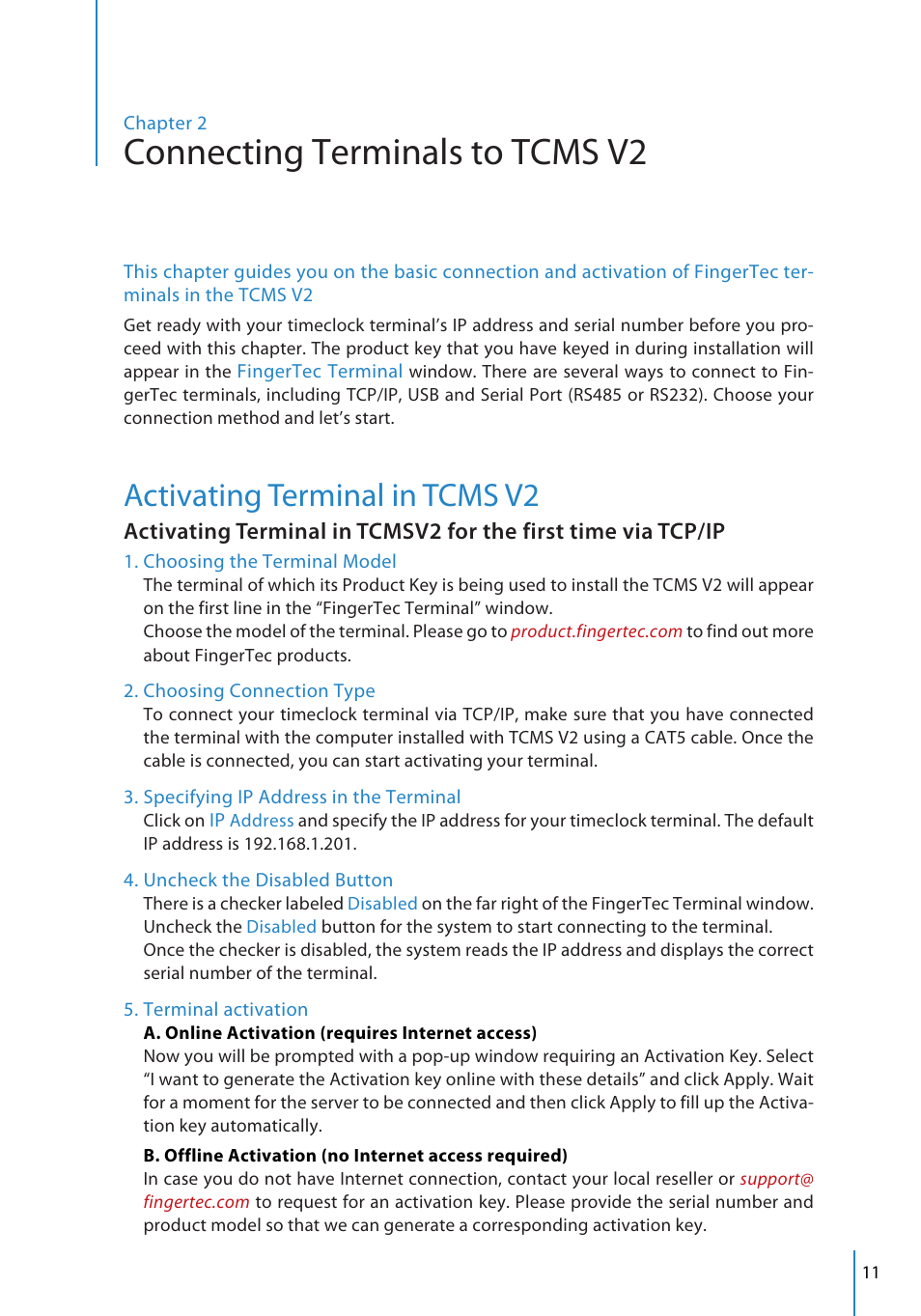 Connecting terminals to tcms v2, Activating terminal in tcms v2 | FingerTec TCMS V2 User Manual | Page 11 / 97