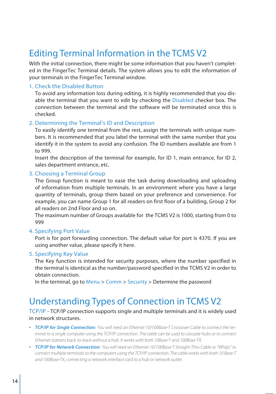 Editing terminal information in the tcms v2, Understanding types of connection in tcms v2 | FingerTec TCMS V2 User Manual | Page 14 / 97