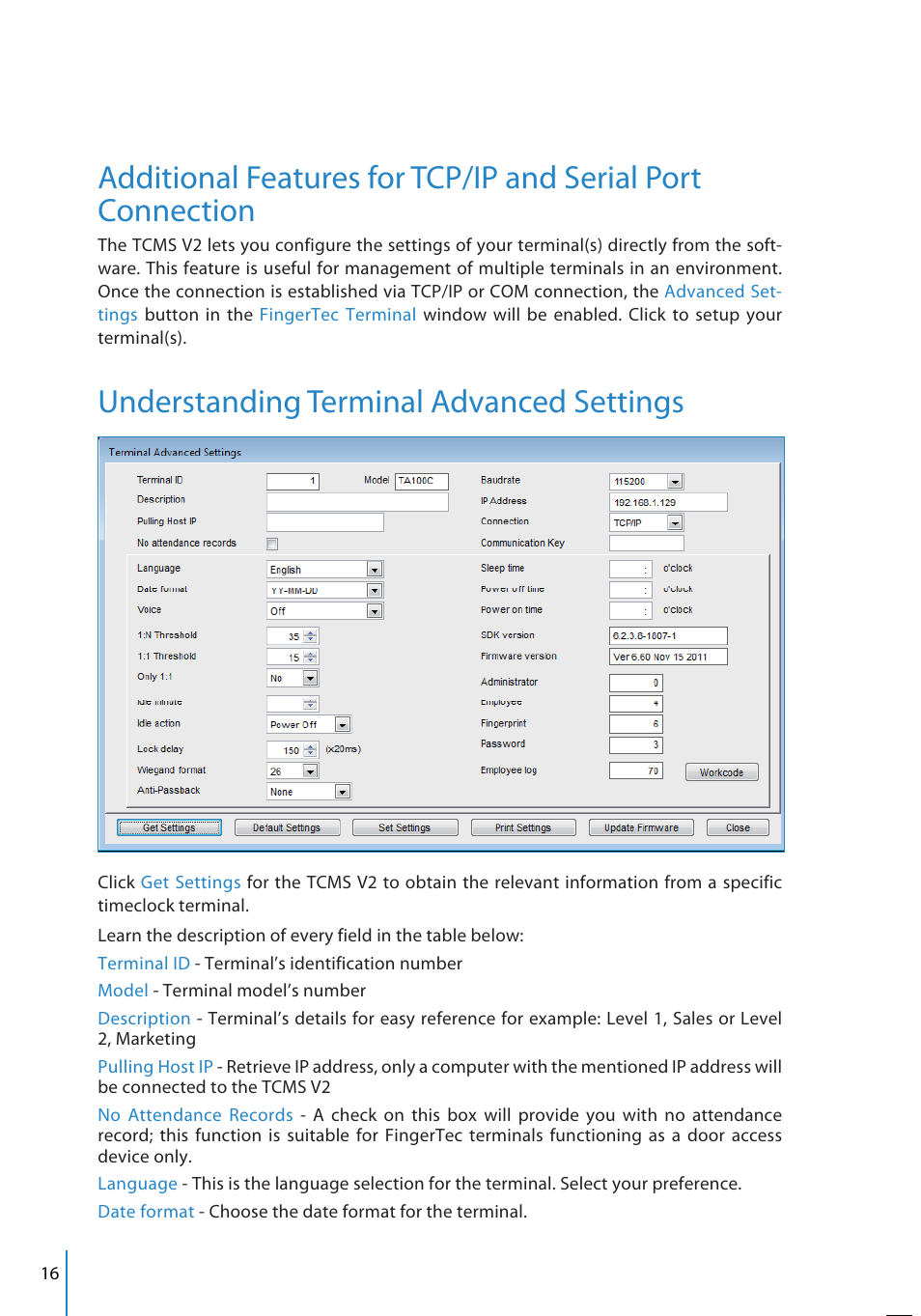 Understanding terminal advanced settings | FingerTec TCMS V2 User Manual | Page 16 / 97