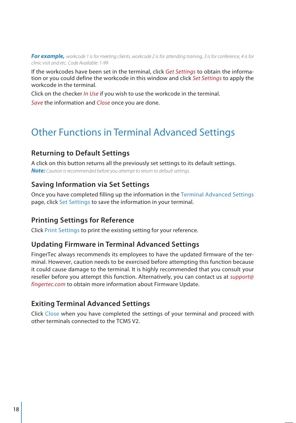 Other functions in terminal advanced settings, Returning to default settings, Saving information via set settings | Printing settings for reference, Updating firmware in terminal advanced settings, Exiting terminal advanced settings | FingerTec TCMS V2 User Manual | Page 18 / 97