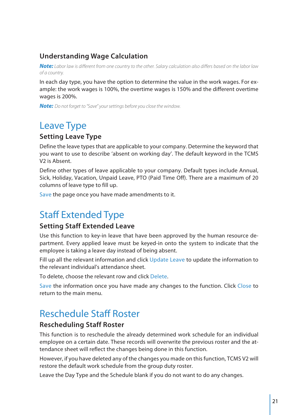 Leave type, Staff extended type, Reschedule staff roster | Understanding wage calculation, Setting leave type, Setting staff extended leave, Rescheduling staff roster | FingerTec TCMS V2 User Manual | Page 21 / 97