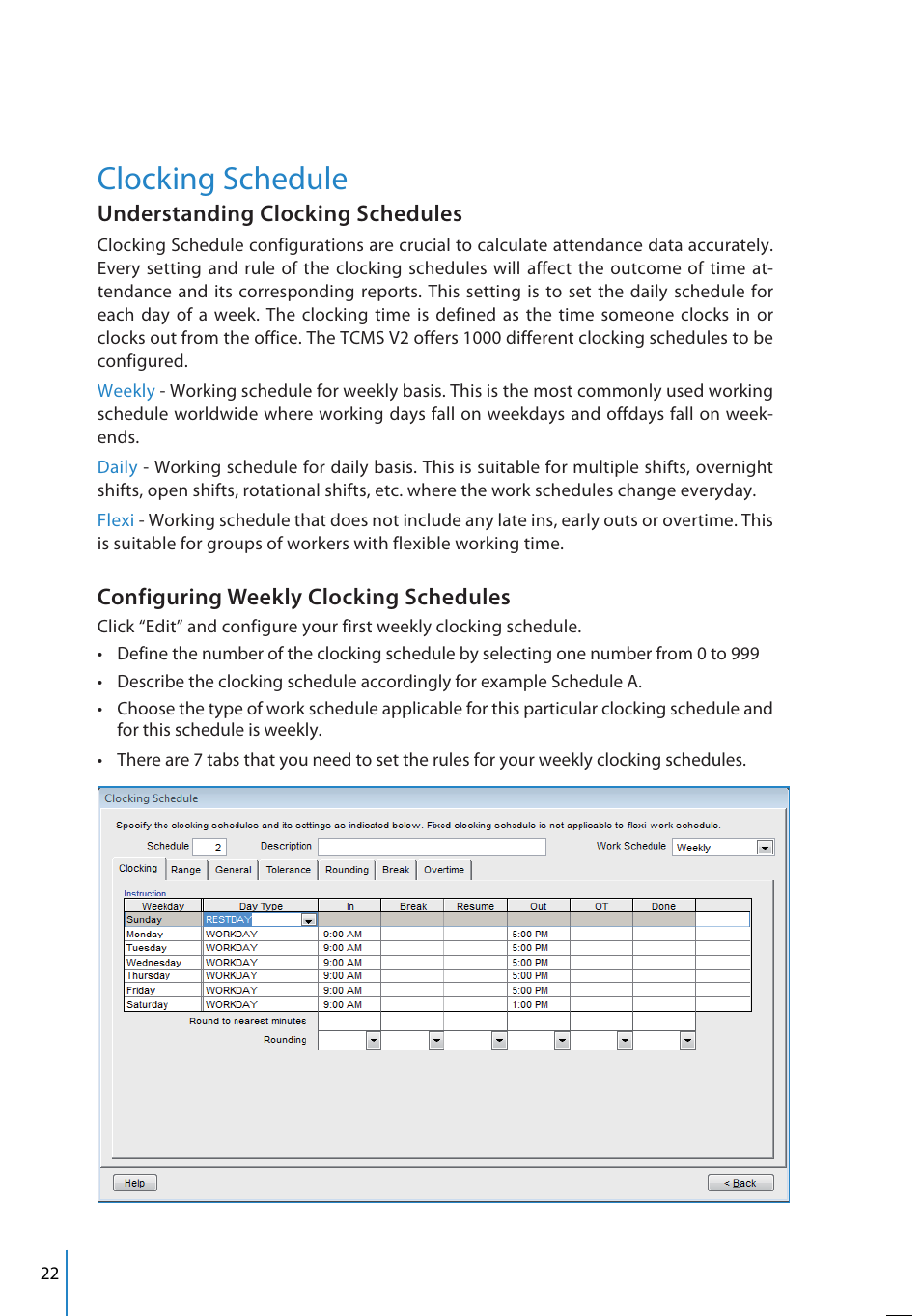 Clocking schedule, Understanding clocking schedules, Configuring weekly clocking schedules | FingerTec TCMS V2 User Manual | Page 22 / 97