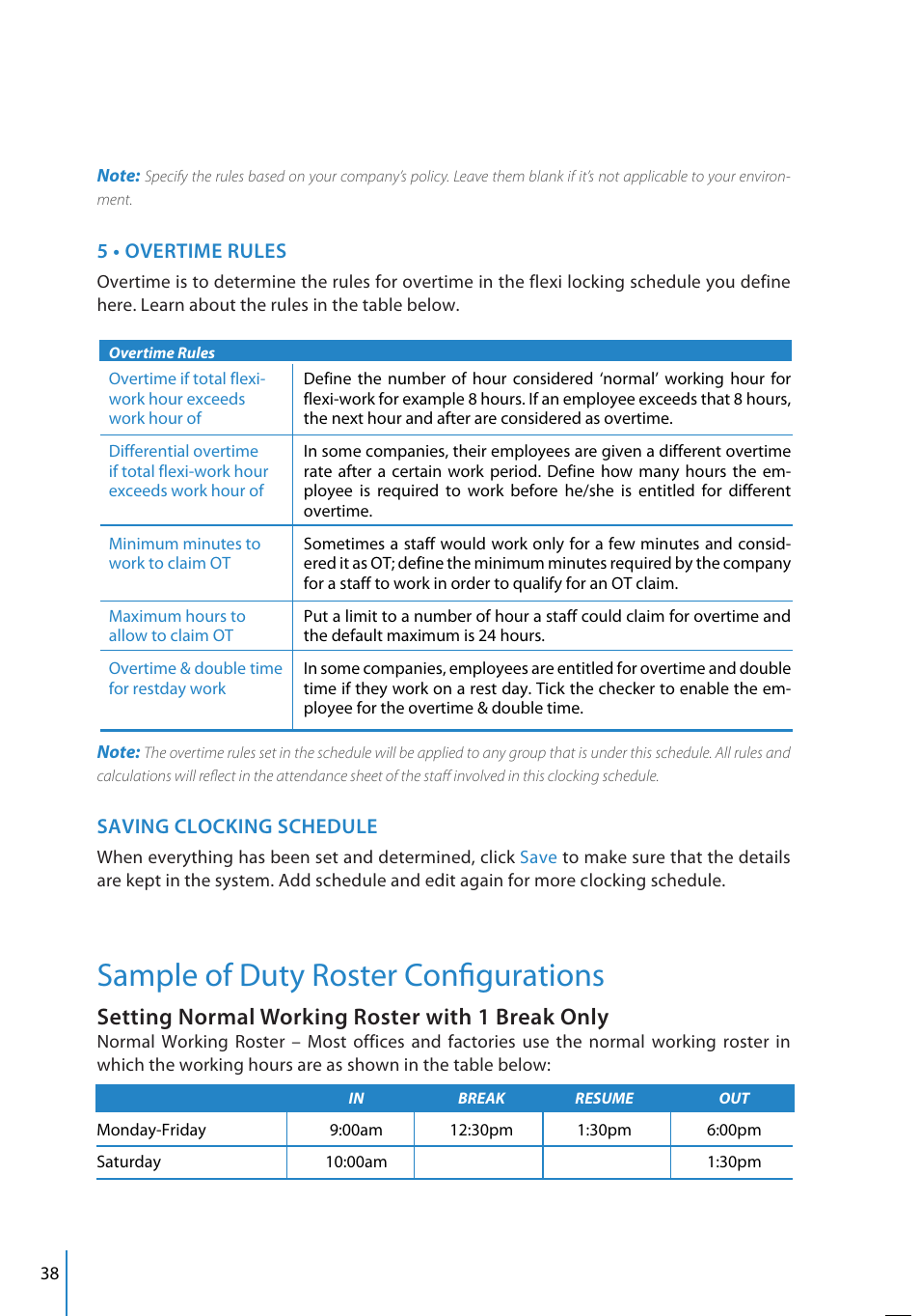 Sample of duty roster confi gurations, Setting normal working roster with 1 break only | FingerTec TCMS V2 User Manual | Page 38 / 97
