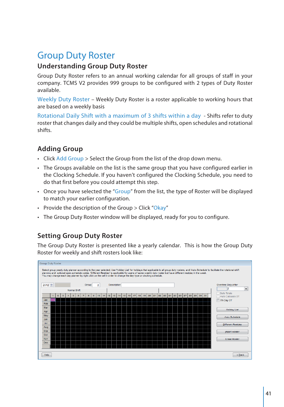 Group duty roster, Understanding group duty roster, Adding group | Setting group duty roster | FingerTec TCMS V2 User Manual | Page 41 / 97