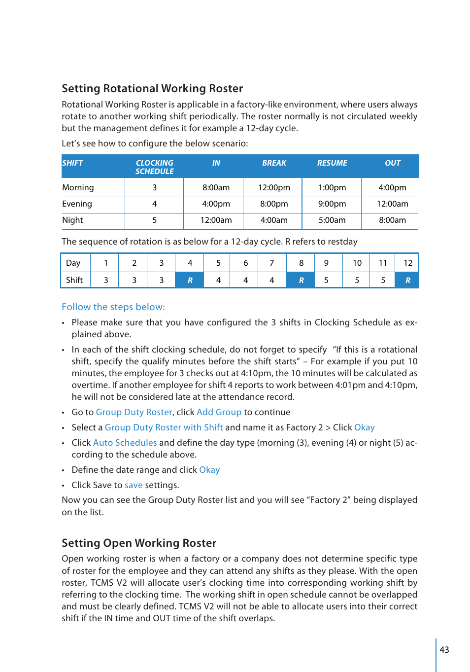 Setting rotational working roster, Setting open working roster | FingerTec TCMS V2 User Manual | Page 43 / 97