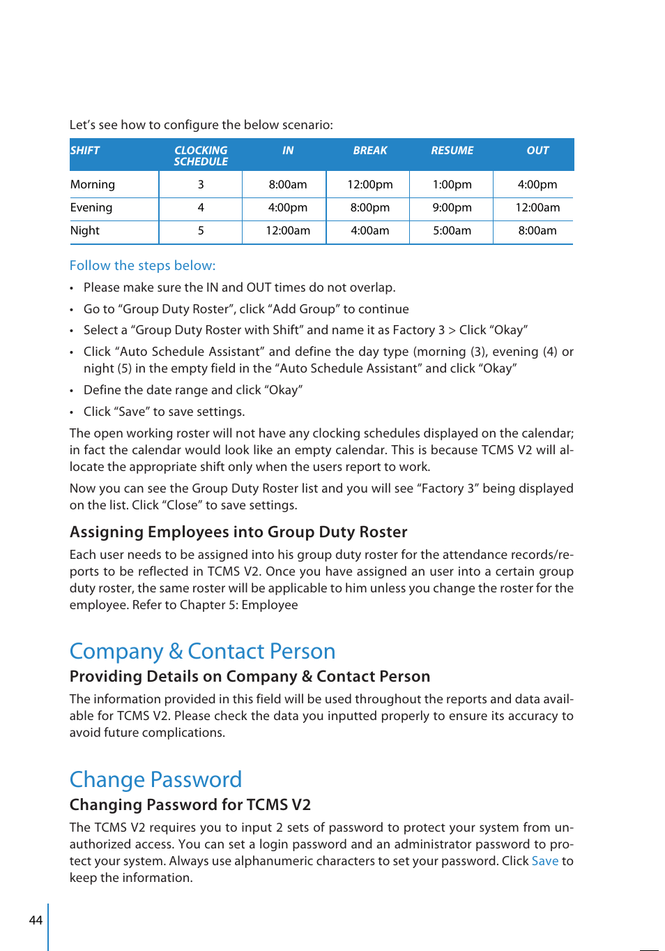 Company & contact person, Change password, Assigning employees into group duty roster | Providing details on company & contact person, Changing password for tcms v2 | FingerTec TCMS V2 User Manual | Page 44 / 97