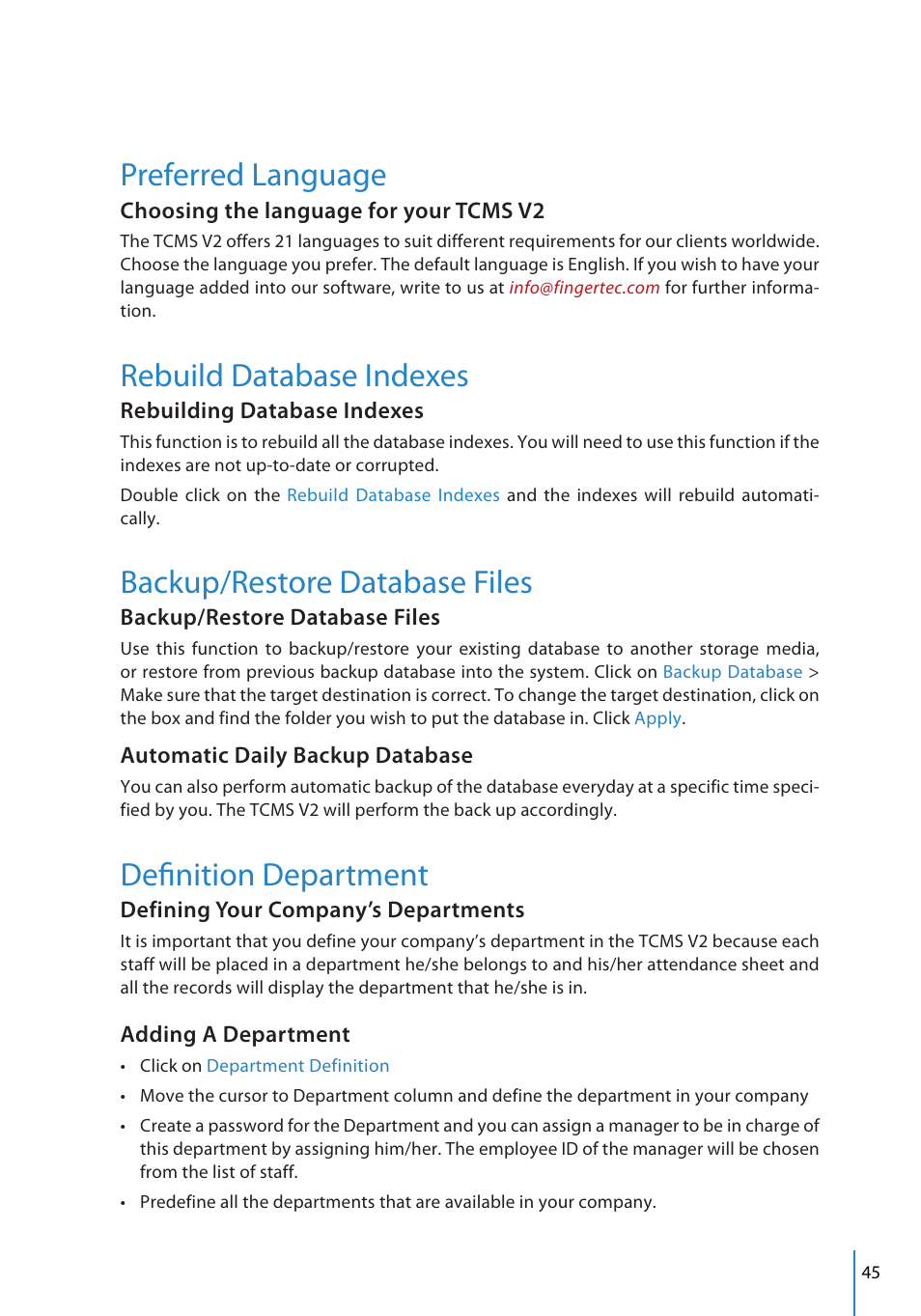 Preferred language, Rebuild database indexes, Backup/restore database files | Defi nition department | FingerTec TCMS V2 User Manual | Page 45 / 97