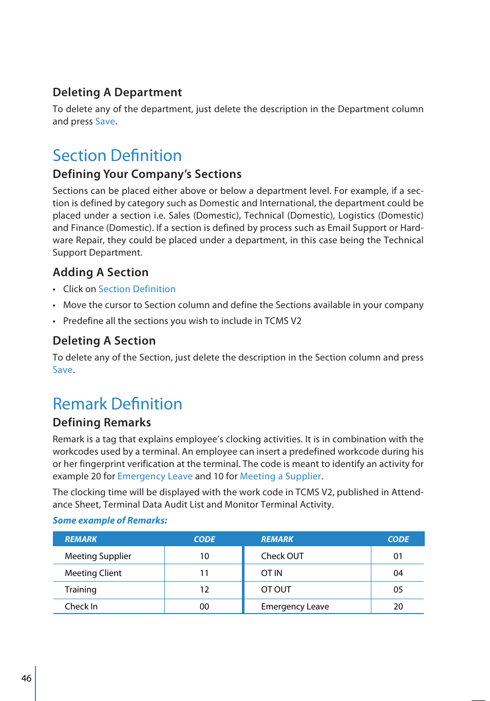 Remark defi nition, Deleting a department, Defining remarks | FingerTec TCMS V2 User Manual | Page 46 / 97