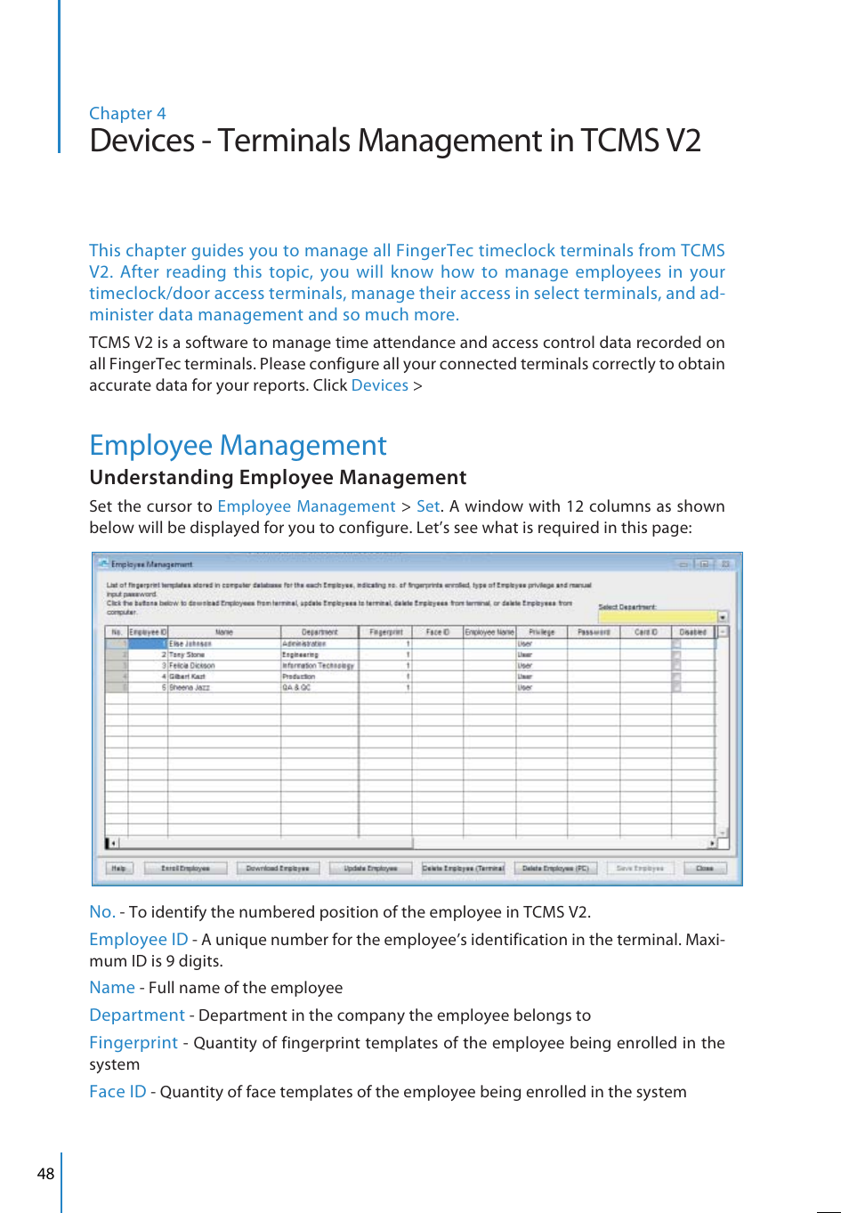 Devices - terminals management in tcms v2, Employee management | FingerTec TCMS V2 User Manual | Page 48 / 97