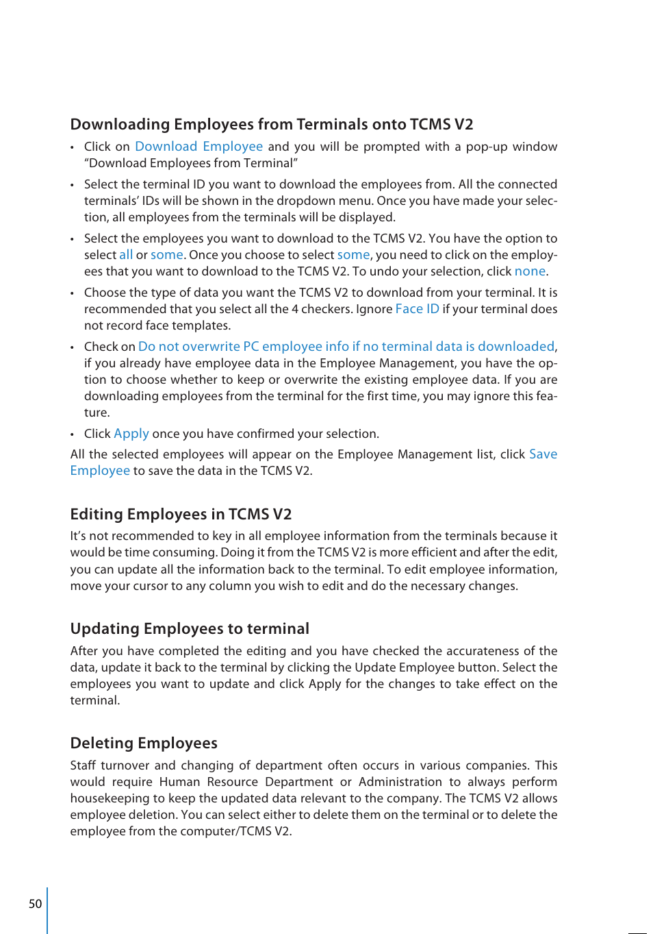 Downloading employees from terminals onto tcms v2, Editing employees in tcms v2, Updating employees to terminal | Deleting employees | FingerTec TCMS V2 User Manual | Page 50 / 97