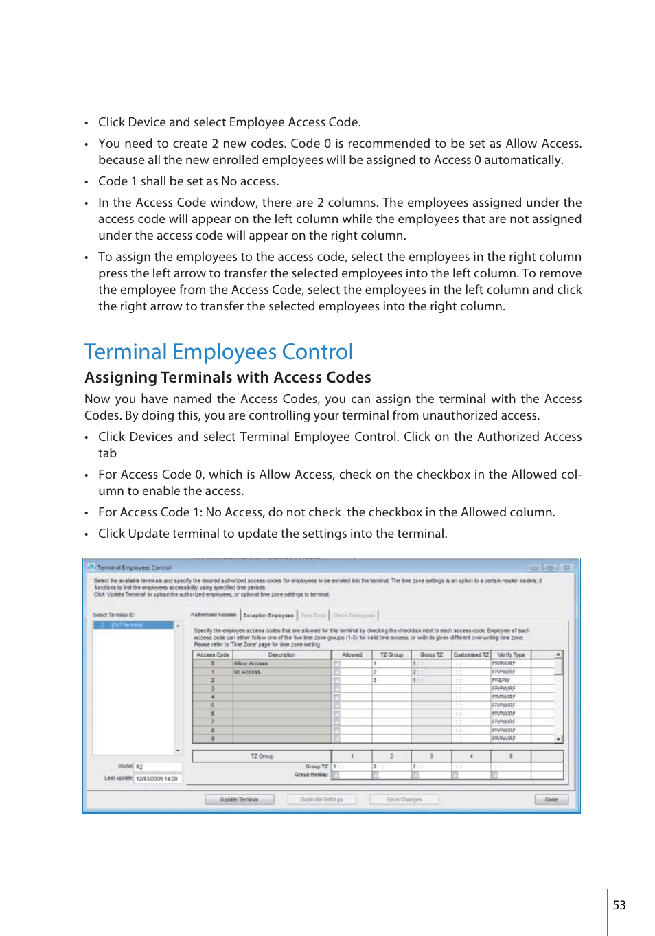 Terminal employees control, Assigning terminals with access codes | FingerTec TCMS V2 User Manual | Page 53 / 97