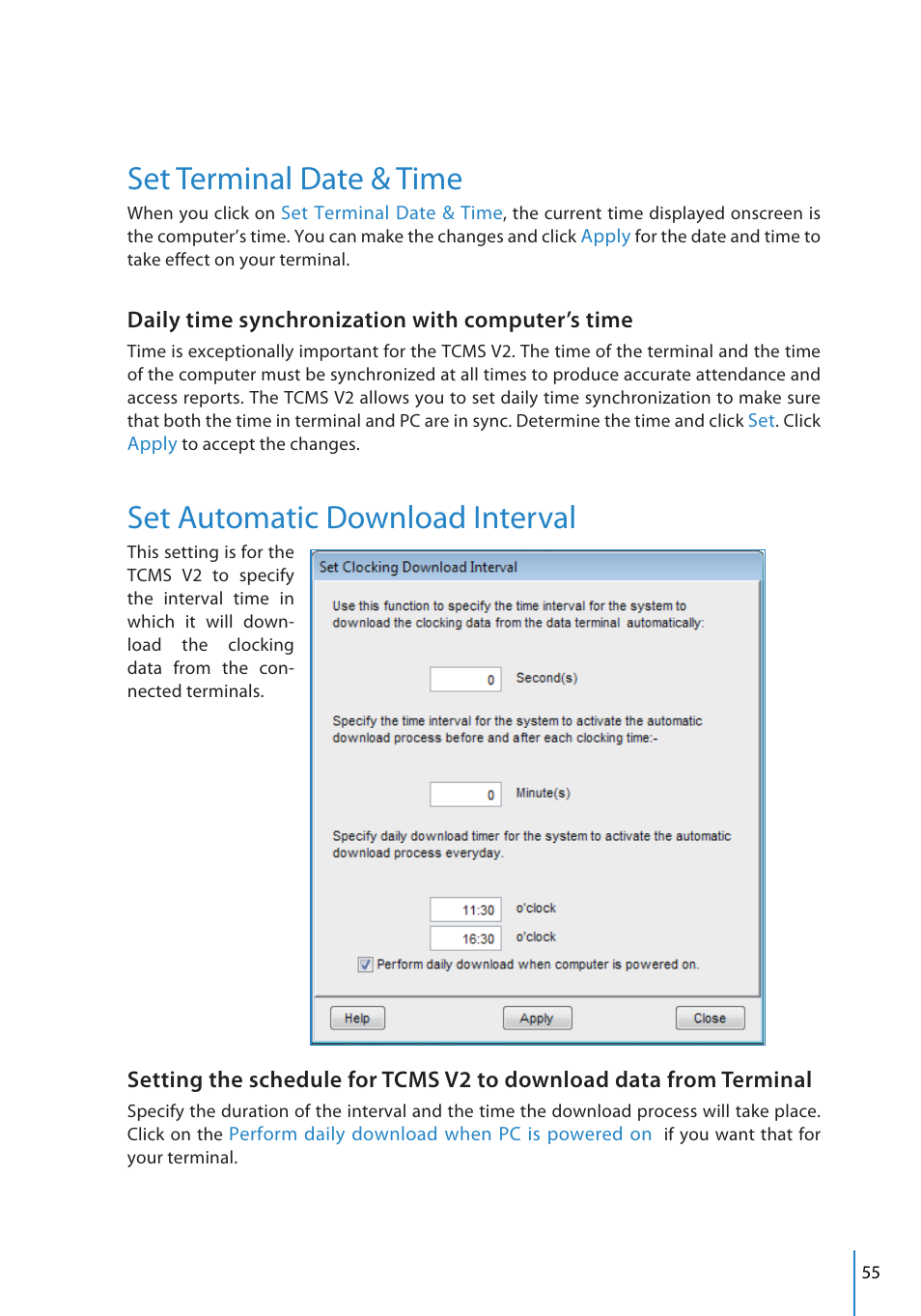 Set terminal date & time, Set automatic download interval | FingerTec TCMS V2 User Manual | Page 55 / 97