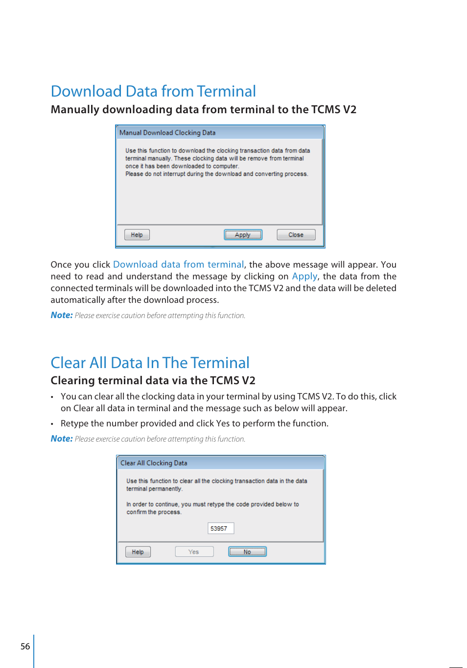 Download data from terminal, Clear all data in the terminal, Clearing terminal data via the tcms v2 | FingerTec TCMS V2 User Manual | Page 56 / 97