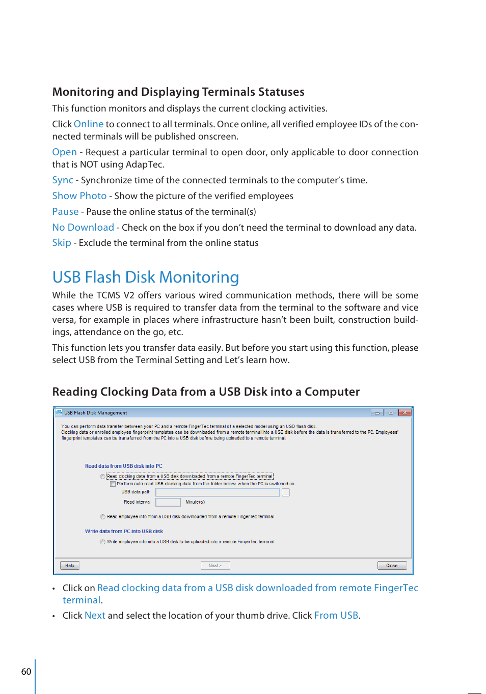 Usb flash disk monitoring, Monitoring and displaying terminals statuses | FingerTec TCMS V2 User Manual | Page 60 / 97