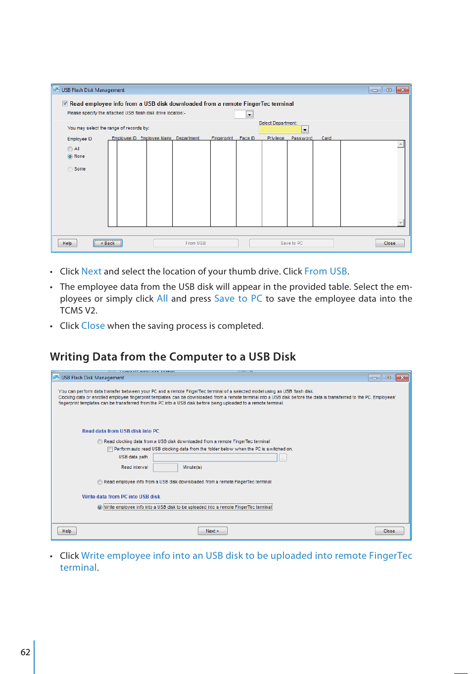 Writing data from the computer to a usb disk | FingerTec TCMS V2 User Manual | Page 62 / 97