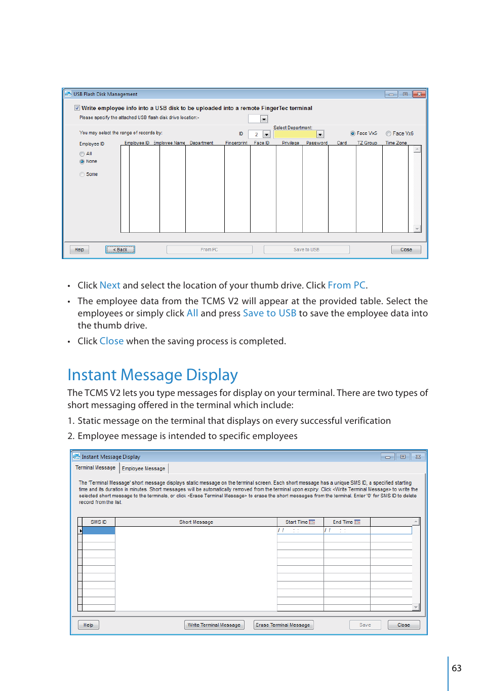 Instant message display | FingerTec TCMS V2 User Manual | Page 63 / 97