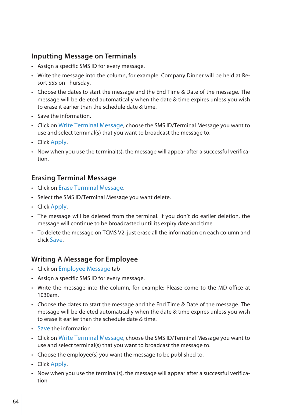 Inputting message on terminals, Erasing terminal message, Writing a message for employee | FingerTec TCMS V2 User Manual | Page 64 / 97