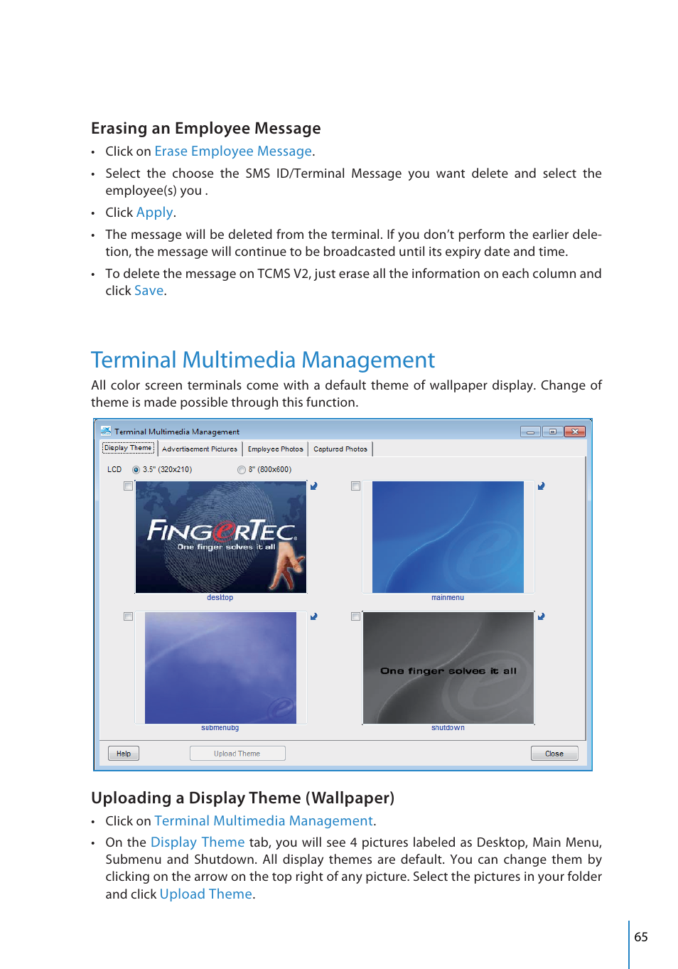 Terminal multimedia management, Erasing an employee message, Uploading a display theme (wallpaper) | FingerTec TCMS V2 User Manual | Page 65 / 97