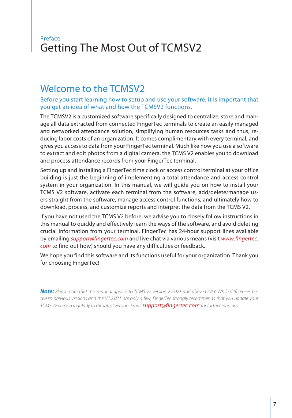 Getting the most out of tcmsv2, Welcome to the tcmsv2 | FingerTec TCMS V2 User Manual | Page 7 / 97